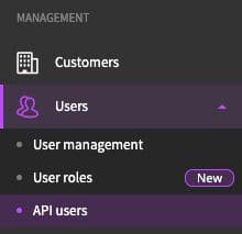 Cove Management menu with Users expanded and API users selected