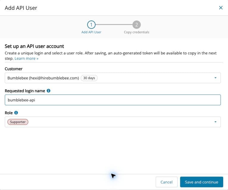 Cove Add API User form with requested login name bumblebee-api and Supporter selected