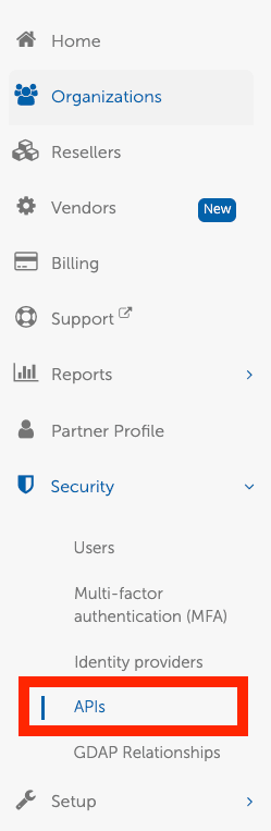 Security menu expanded with APIs selected in the Sherweb Partner Portal