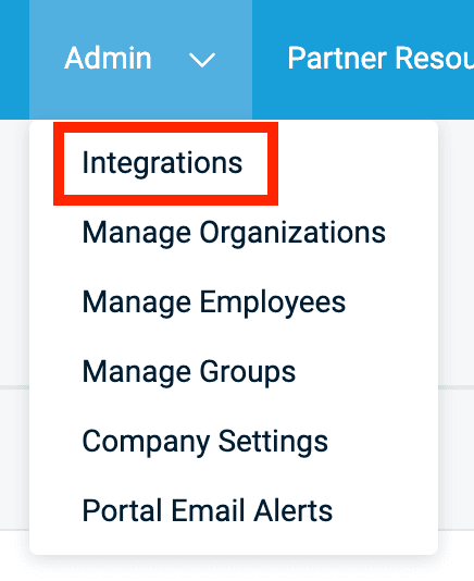 Datto Partner Portal Admin menu with Integrations highlighted