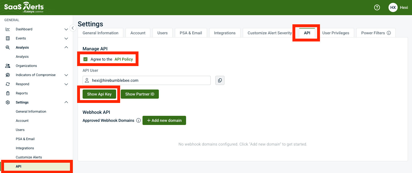 SaaS Alerts Settings API tab with Agree to the API Policy and Show Api Key