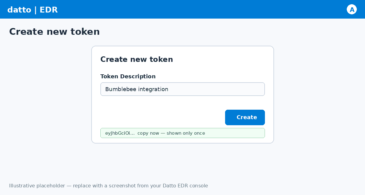 Datto EDR API Tokens page showing a newly created token