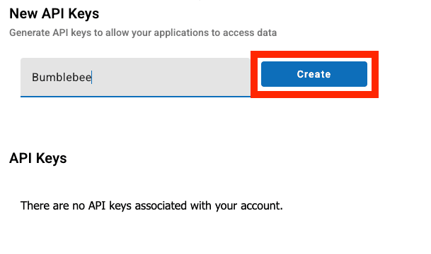 New API Keys form with the Create button highlighted