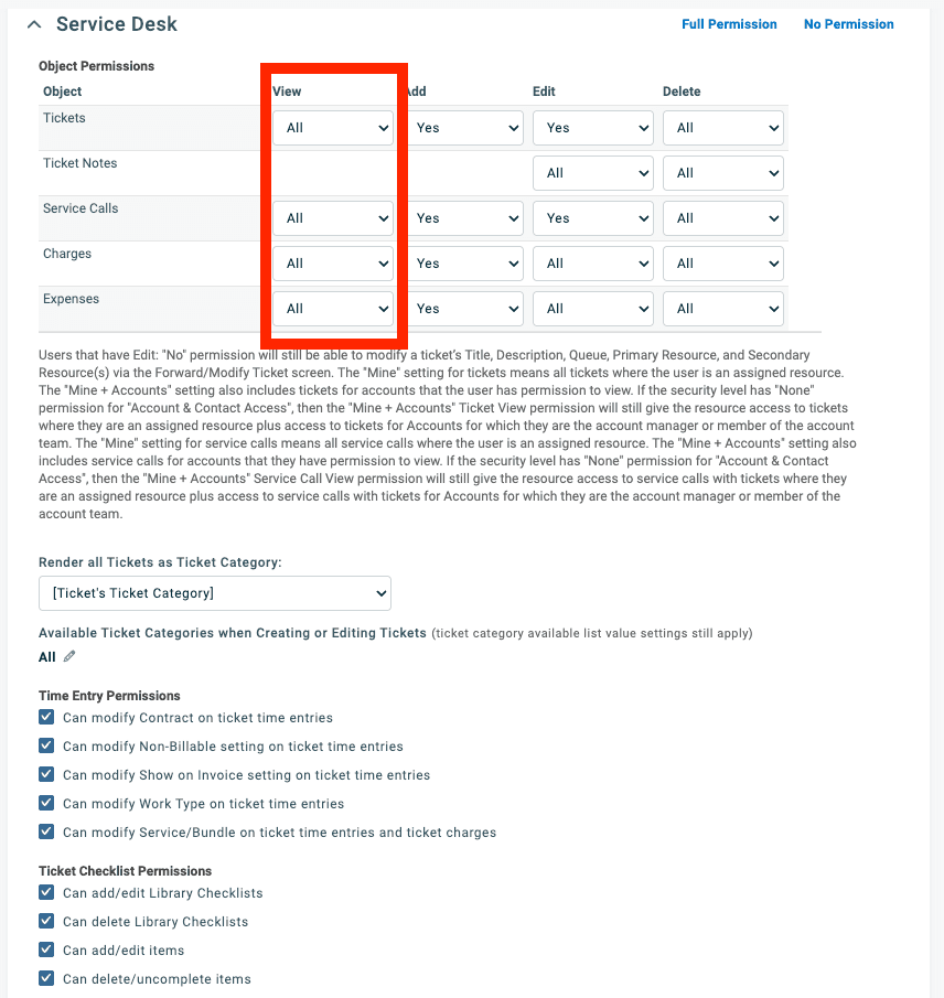 Recommended Autotask Service Desk permissions