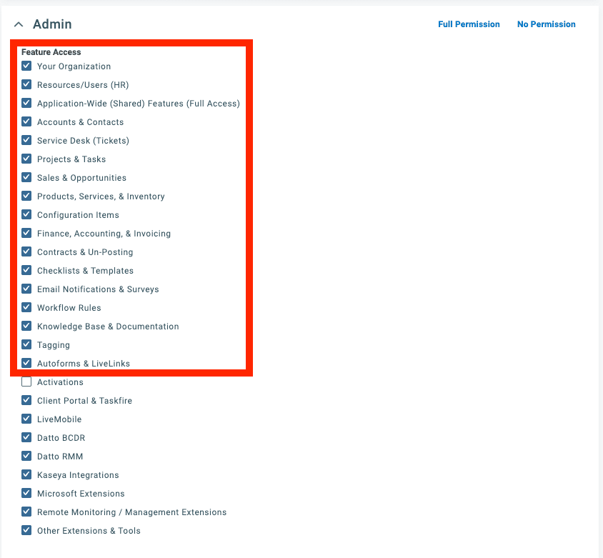 Recommended Autotask Admin permissions