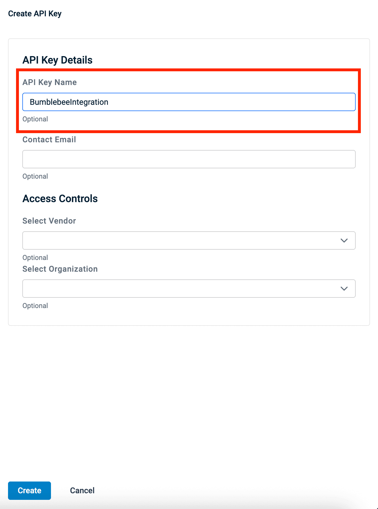Create API Key form with API Key Name field highlighted