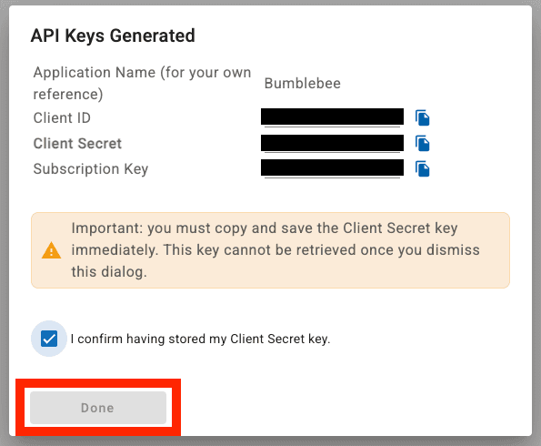 API Keys Generated dialog showing Client ID, Client Secret, and Subscription Key with a confirmation checkbox