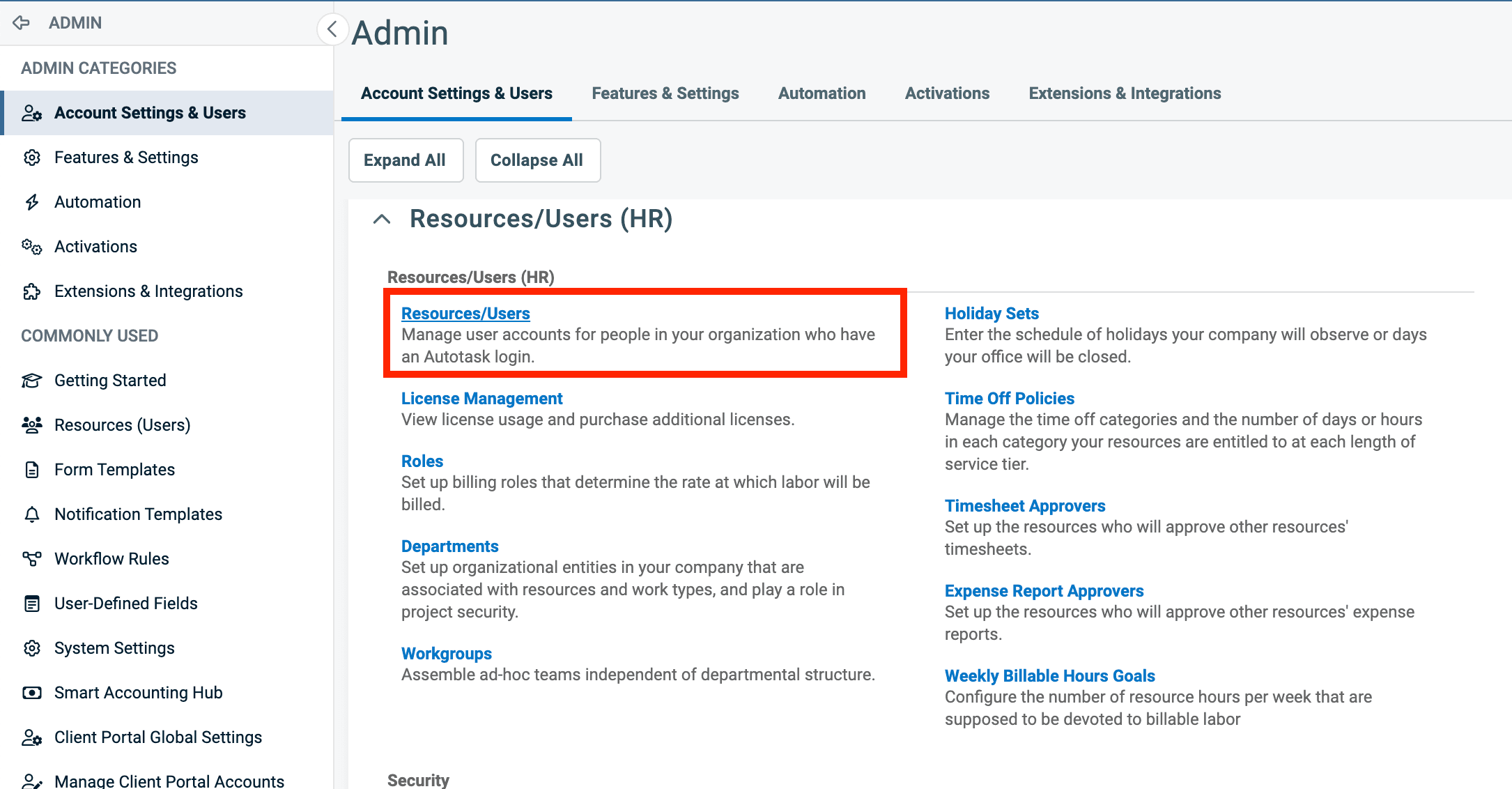Autotask Account Settings and Users page with Resources/Users highlighted