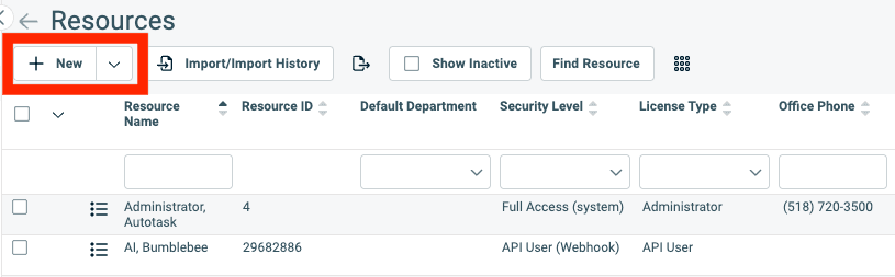 Autotask Resources page showing the New button