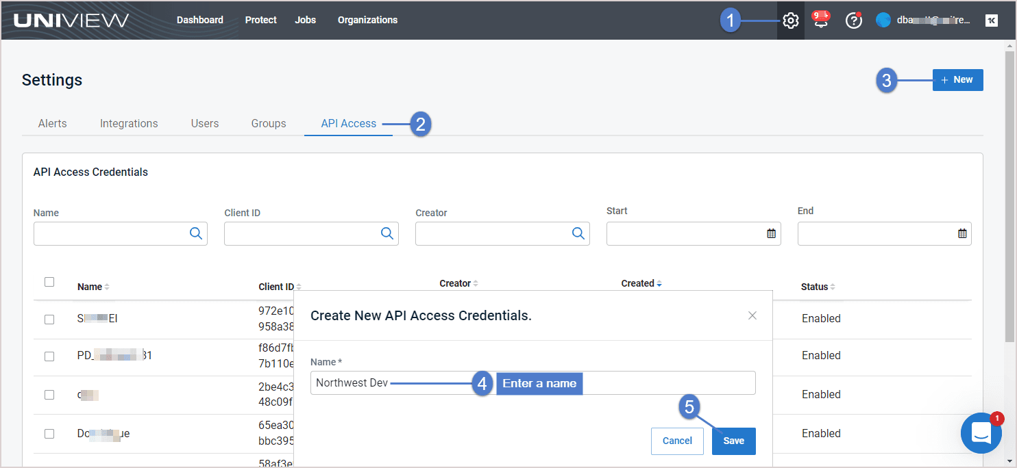 Unitrends Uniview Settings API Access tab with the New button and Create New API Access Credentials dialog