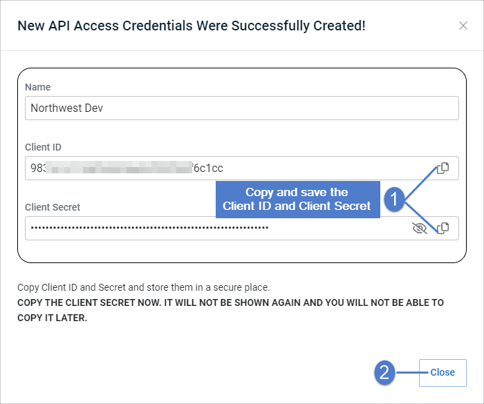 Unitrends Uniview dialog showing the newly created Client ID and Client Secret with copy buttons