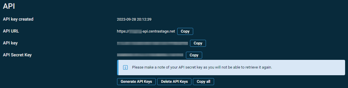 API Key, Secret Key, and URL on the user profile page