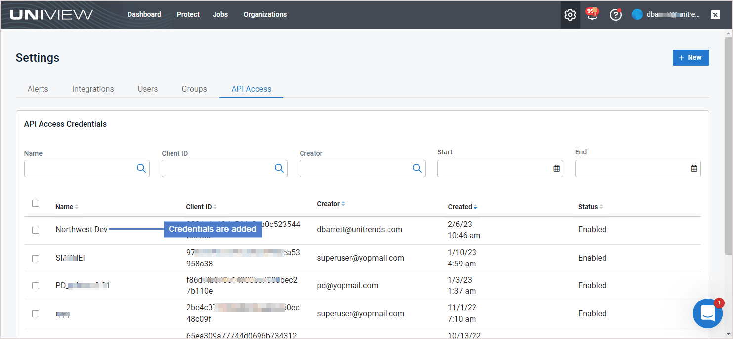 Unitrends Uniview API Access Credentials list showing the new credentials with Enabled status