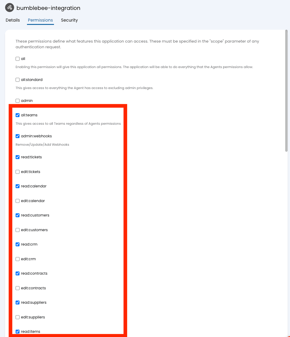HaloPSA application Permissions tab showing the available scopes